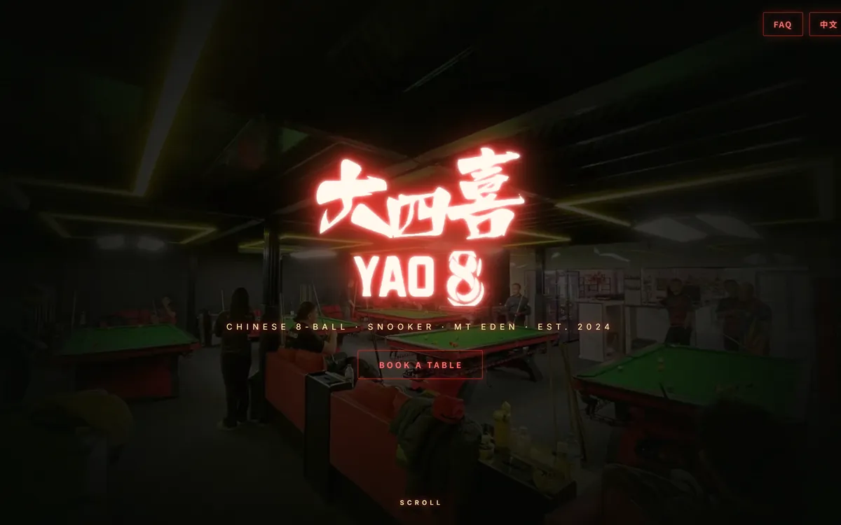 YAO 8 pool and snooker hall website, designed by MOFLO